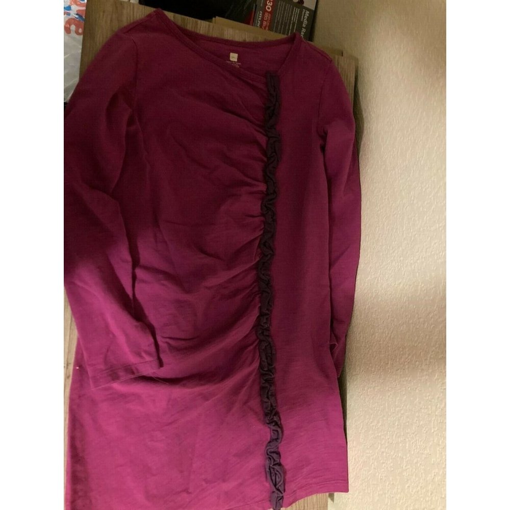 Tea Collection Fuchsia Purple Ruffled Gathered Long Sleeve Cotton Dress 10